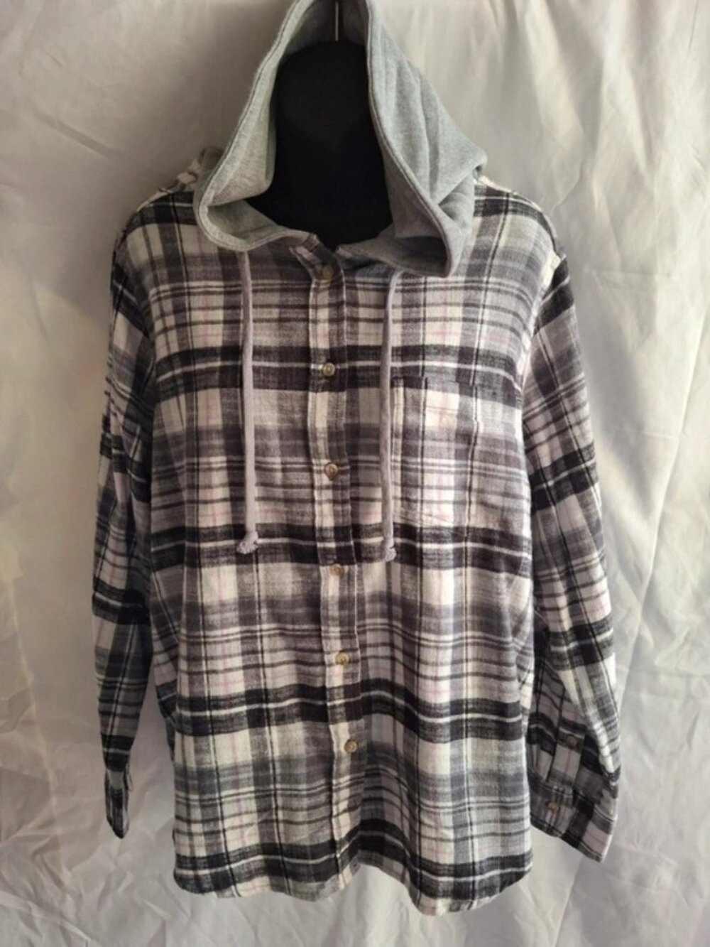 Women’s Gray & Black Plaid Hooded Shirt Jacket, XL / US 16–18